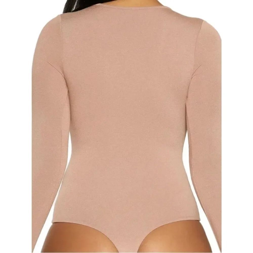 NAKED WARDROBE Bodysuit NEW Plunge V Neck Thong Long Sleeve Bougie Beige Size S - Picture 3 of 7